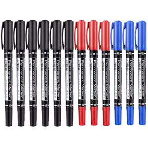 12 Stks/pak Twin Tip Permanente Marker Waterdicht Olie-Inkt Marker Pen Fine/Medium Punt 0.5Mm-1mm Pen Marker Blauw Rode Inkt