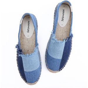 Mode Borduren Denim Comfortabele Blauwe Streep Womens Casual Espadrilles Schoenen Ademende Vlas Hennep Canvas Cowboy