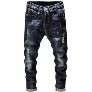 Geript Mannen Jeans Donkerblauw Stretch Slim Fit Vernietigd Gebroken Gaten Denim Broek Casual Biker Jeans Mannelijke Hip Hop Mens punk Jeans