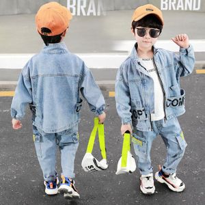 Denim Kinderkleding Pak Mode Casual Kinderen Tweedelige Stevige Blauwe Denim Jas + Broek Jongen Pak