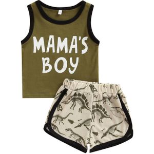 2Pcs Baby Boys Outfit, Summer Color Matching Round Collar Letter Sleeveless Vest Tops + Cartoon Dinosaur Printing Shorts Set