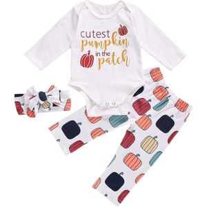 Halloween Baby Meisjes Jongens Kleding Sets Pompoen Print Lange Mouwen Jumpsuits Tops Broek Hoofdband