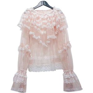 Twotwinstyle Perspectief Mesh Patchwork Lace Blouse Voor Vrouwen O Hals Flare Mouw Elegante Ruches Blouses Vrouwelijke Zomer