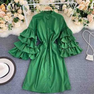 Yuoomuoo Ins Verstoorde Lange Puff Mouwen Vrouwen Jurk Herfst Elegante Single-Breasted Shirt Jurk Casual Vrouwen Groene Jurk