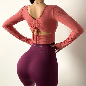 Sexy Terug Trekkoord Strakke Sport Shirt Vrouwen Yoga Lange Mouw Workout Fitness Crop Top Met Borst Pad