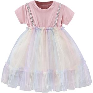 Zomer Meisje Jurk Koreaanse Korte Mouwen Nep Tweedelige Regenboog Mesh Prinses Jurk Kleur Verkoop Платье для Девочки 50 *