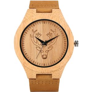 Gegraveerd Brown Quartz Houten Horloge Handgemaakte Ultralight Bamboe Elanden Hoofd Patroon Horloges Premium Lederen Band Mannelijke reloj
