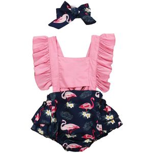 Leuke 0-24M Baby Meisjes Ruffle Romper Mouwloze Jumpsuit Flamingo Lemon Gedrukt Casual Outfits Zomer Kleding 2 Pcs