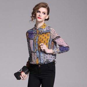 Autumnfashion Turn Down Kraag Lange Mouwen Print Vrouwen Chiffon Blouse Luxe Chiffon Met Lange Mouwen Shirts