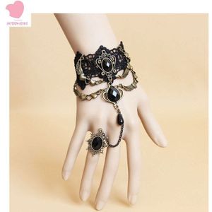 Vrouwen Lolita Sieraden Brons Zwart Kant Vintage Edelsteen Parel Kant Armband Ring Link Sieraden Cosplay Accessoires