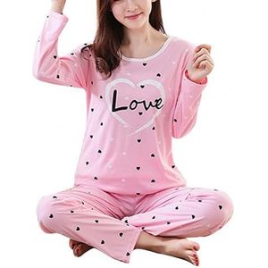 Casual Pyjama Sets Vrouwen Roze O Hals Aardbei Hart Print Top Lange Broek Dunne Nachtkleding Set Lente Herfst Thuis Pak vrouwelijke