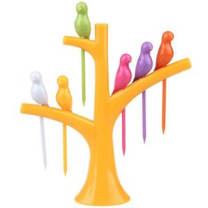 Tandenstoker Fruit Tool 1Set Keuken Gadget Vogel Boom Birdie Fruit Vork 1 Stand + 6 Vorken Cartoon Party Vork servies Servies 7Z