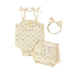 Baby Meisje Zomer Shorts Set Mouwloze Bloemen Halter Romper Elastische Taille Shorts Boog Hoofdband Sunsuits