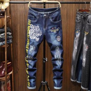 Mannen Jeans 100% Katoen Klassieke Tijger Borduurwerk Bedelaars jeans Broek Cool Top Mode Mannen Jeans #2031