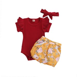 Zomer Pasgeboren Kinderen Baby Meisjes Korte Mouw Ruffle Romper Top + Bloemen Korte Broek 2 Stuks Outfits Kleding Set
