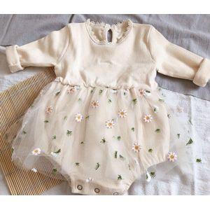 0-18M Baby Girl Fall Knit Romper Schattige Lange Mouwen Crewneck Bloemen Tule Tutu Jurk Voor fall Winter