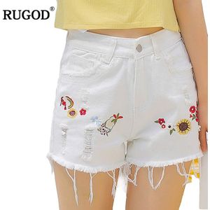 RUGOD Borduren Bloemen Wit Shorts Voor Vrouwen Mid Taille Gaten Denim Shorts Mode Zomer Kwastje Jeans Voor Vrouwen