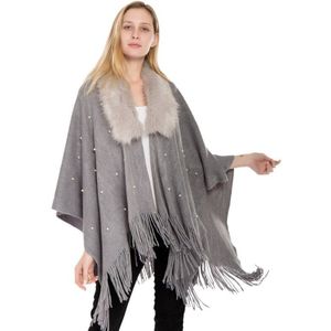 Lady Solid Sjaal In Winter Parels Verdikking Poncho Herfst Vrouwen Pluche Kraag Rood Zwart Kwasten Warme Sjaal