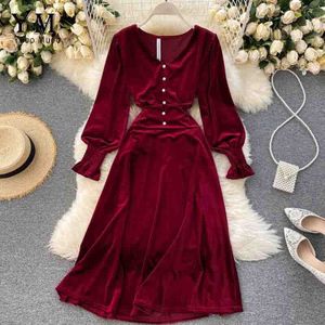 Yuoomuoo Vrouwen Jurk Elegante V-hals Knoppen Midi Lange Effen Jurk Lange Mouwen Winter Vintage Party Dress Herfst A-lijn Jurk