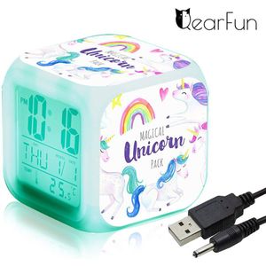 Eenhoorn Kids Wekker 7 Kleuren Led Nachtlampje Wakker Klok Met Thermometer Snooze Будильник Thuis Bureau Decor Kerst