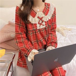 3 Kleur Leuke Plaid Nachtkleding Thuis Set Vrouwen Pyjama Set Kant Strikje Pater Pan Kraag Homewear Lolita Prinses Ruches y182