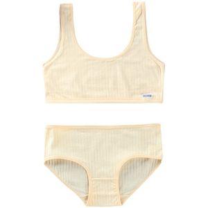 Puberteit Kinderen Tieners Meisjes 2Pcs Sport Ondergoed Set Geribbelde Effen Kleur Letters Label Brede Band Training Beha En Bijpassende hipster