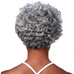 Yiyaobess 6 inch Silver Grey Korte Krullende Pruik Hittebestendige Synthetische Afro-amerikaanse Pruiken Voor Oudere Vrouwen