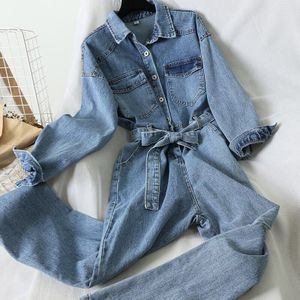 Neploe Koreaanse Turn Down Kraag Lange Mouw Denim Jumpsuits Slanke Taille Met Riem Single Borst Bodysuit Casual Pocket Playsuit