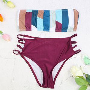 Sexy Meisje Bikini Set Bikini Badmode Vrouwen Badpak Draad Gratis Zwemmen Mid Taille Gestreepte Wijn Rode Drack Blauw Wit Off schouder