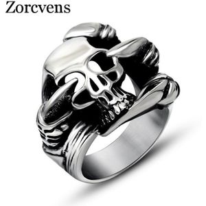 Zorcvens Cool Punk Rvs Ringen Voor Mannen Trendy Glad Polijsten Grote Schedel Ring Punk Biker Sieraden