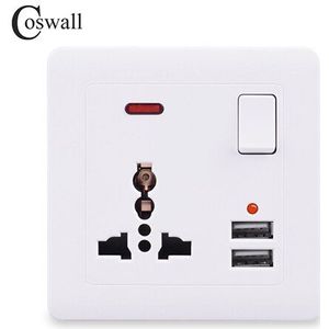 Coswall Stopcontact 13A Universele 3 Gat Geschakeld Outlet 2.1A Dual Usb Charger Poort Led Indicator Goud