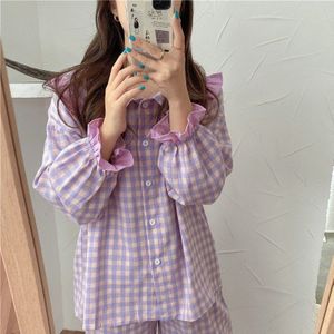 Alien Kitty Pyjama Vrouwen Zachte Katoenen Homewear Herfst Winter Pijama Vrouwelijke Broek Pak Revers Plaid Pyjama Set Nachtkleding