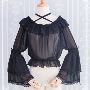 Vrouwen Witte Kleur Lolita Chiffon Overhemd In Boothals Tops Meisje Kant Bandage Hemd Lantaarn Mouw Kawaii Kleding