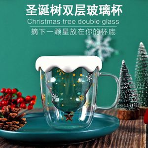 Dinkware Christmas 350Ml Glas Koffie Mok Creatieve Kerstboom Mok Dubbele Laag Sap Glazen Beker Glas Drinkware