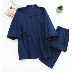 Japanse Heren Pyjama Lace-Up Gaas Kimono Zomer En Herfst Pyjama Comfortabele Vijf Punt Mouw Slaap Slijtage Pak pejama Mannen