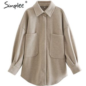 Simplee Casual Grey Roze Pocket Top Lange Mouw Losse Revers Shirt Jas Street Retro Lente Herfst Dame Shirt