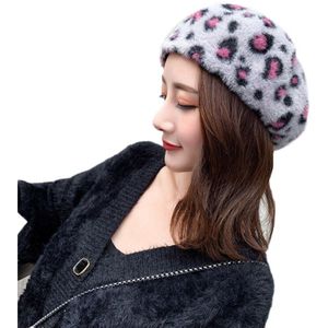Vrouwen Franse Stijl Faux Wol Pluche Baret Cap Vintage Luipaard Print Winter Warm Kunstenaar Schilder Knit Beanie Hat
