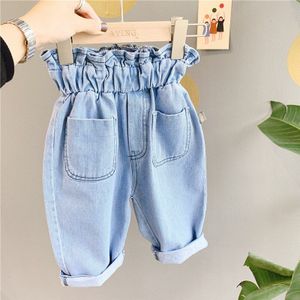 Voorjaar Baby Meisjes Effen Kleur Hoge Taille Jeans Koreaanse Stijl Schattige Kinderen Zakken Casual Dunne Denim Broek 1-6Y