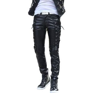 Idopy Mannen Lederen Broek Punk Stijl Skinny Lace Up Party Stage Prestaties Nachtclub Steampunk Faux Pu Leather Slim broek