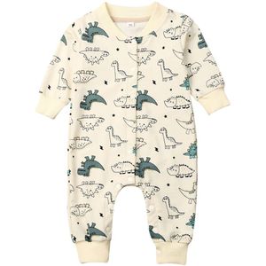 Peuter Baby Boy Girl Warm Rompertjes Kleding Lange Mouwen Dinosaurus Print Enkele Breasted Romper Jumpsuit Outfit