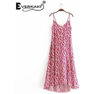 Everkaki Boho Bloemenprint Maxi Onderjurk Vrouwen Zomer Vestidos Elegante Dames Vogue Split Jurken Chic Vrouwelijke Mode