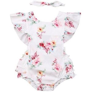 Baby Zomer Kleding Pasgeboren Baby Baby Meisje Bloemen Jumpsuit Hoofdband Ruches Shortsleeve Bodysuit Kleding 2pcs Outfit Set