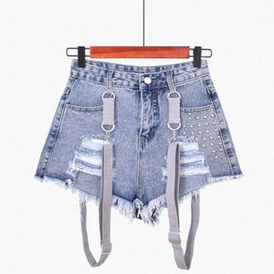 Zwarte Band Mini Denim Shorts Vrouwen Jeans Punk Gat Kwastje Blauw Pastel Goth Pantalones Vaqueros Mujer Micro Kralen Dekorasyon