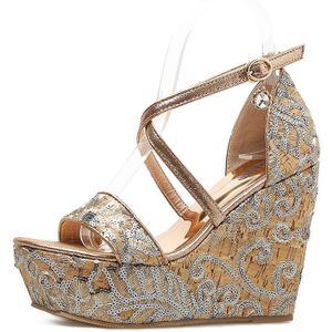 Luxe Vrouwen Sequin Cross Belt Wiggen Schoenen Voor Sandalen Zomer Diamant Gesp Kurk Sandalen Dames Valentijn Schoenen