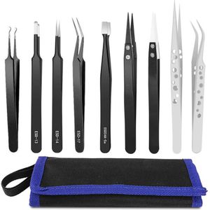 Tweezer Set, Esd Anti-Statische Platte Kop Pincet Kit Gebogen Pincet Puntige Pincet Voor Ambachtelijke, sieraden (9 Stuks Set)