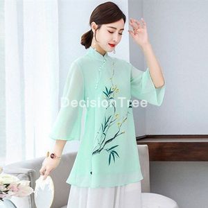 Originele Losse Overhemd Vrouwelijke Chiffon Blouse Chinese Hanfu Bloemenprint Retro Shirt Katoen Linnen Oosterse Vrouwen Tops