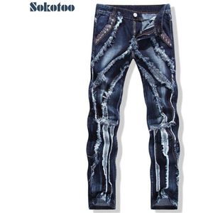 Sokotoo Mannen Mode Patchwork Spliced Ripped Jeans Mannelijke Persoonlijkheid Leer Klinknagel Slanke Rechte Denim Broek