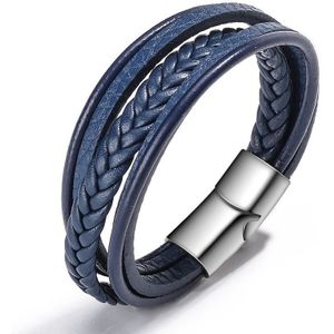 Niuyitid Mannen Blauw Lederen Armband Multilayer Magneet Knop Mannelijke Sieraden Voor Vrouwen