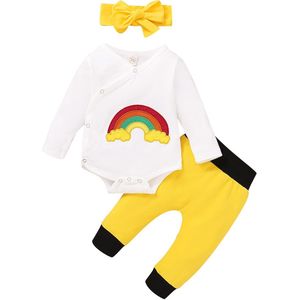 Pasgeboren Baby Meisjes Jongens Lente Herfst 3Pcs Set Lange Mouwen Borduren Regenboog Bodysuits Broek Hoofdband Outfits