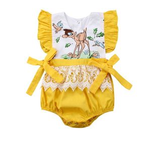 Nieuw Pasgeboren Baby Baby Meisjes Leuke Mooie Zomer Romper Bloemblaadje Mouwen Lace Bloemen Patroon Print Gele Knop Jumpsuit